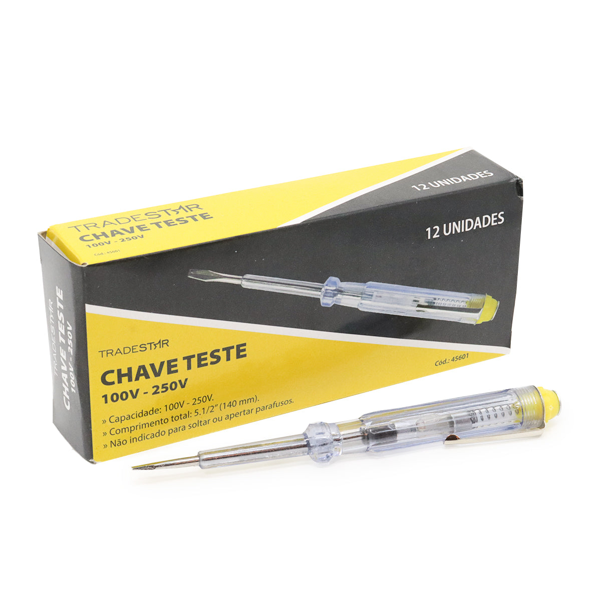 Chave Teste Detector de Tensão Eletricista Professional 250V - Kit com 12 unidades, ideal para detecção de tensão elétrica em ambientes industriais e comerciais. Ferramenta de segurança para eletricistas, com capacidade de 100V a 250V.