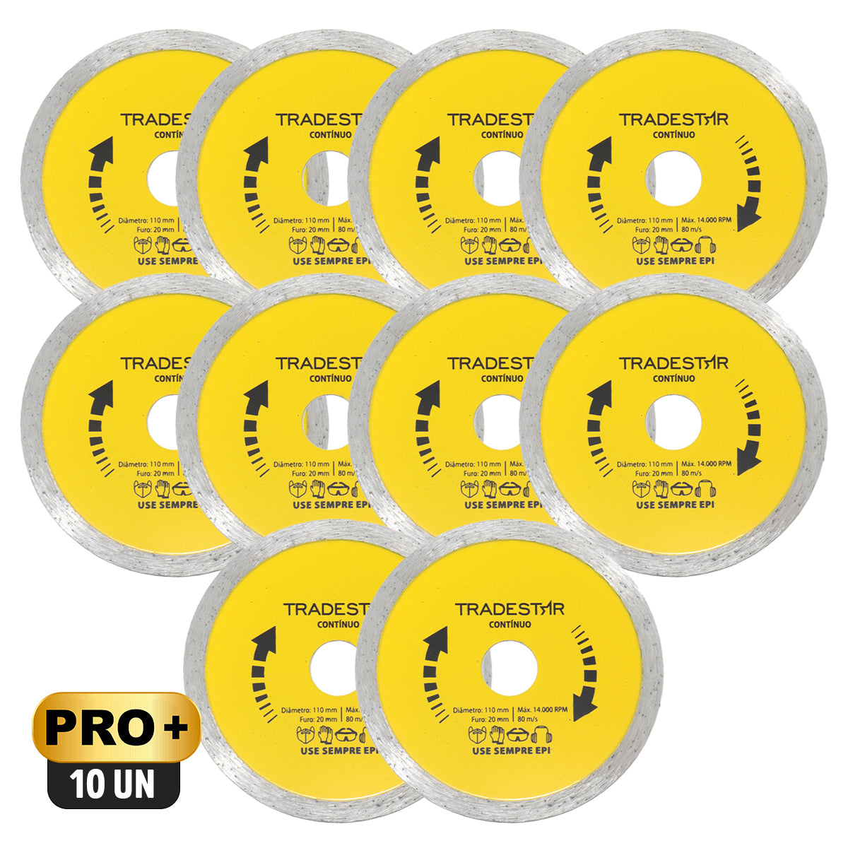 Kit com 10 Discos Diamantados Contínuos 110x20mm para Porcelanato Tradestar - Cortes precisos e eficientes em pisos, azulejos, mármores e porcelanatos. Ideal para profissionais, com corte refrigerado e garantia de 90 dias. Compre agora e garanta acabamentos impecáveis em seus projetos.