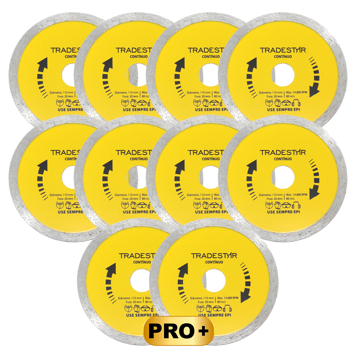 Kit com 10 Discos Diamantados Contínuos 110x20mm para Porcelanato Tradestar - Cortes precisos e limpos em pisos, azulejos, mármores e porcelanatos. Ideal para profissionais, com corte refrigerado e garantia. Ferramenta essencial para acabamentos impecáveis.