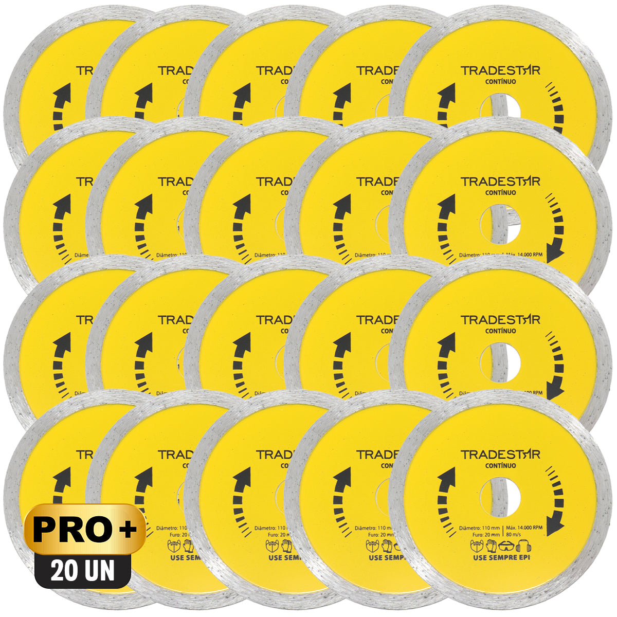 Kit com 20 Discos Diamantados Contínuos 110x20mm para Porcelanato Tradestar - Cortes precisos e limpos em pisos, azulejos, mármores e porcelanatos. Ideal para profissionais de revestimento. Corte refrigerado, envio imediato e garantia.