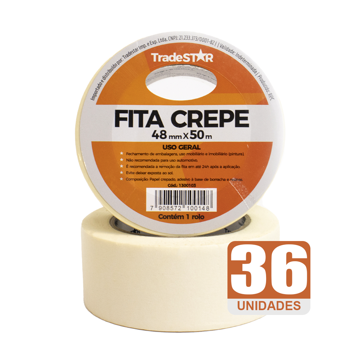 Fita adesiva crepe de papel TradeStar 48mm x 50m, kit com 36 rolos, ideal para uso geral em pinturas, embalagens e fixação temporária. Fita de alta resistência, fácil de remover e que se adapta a superfícies irregulares.