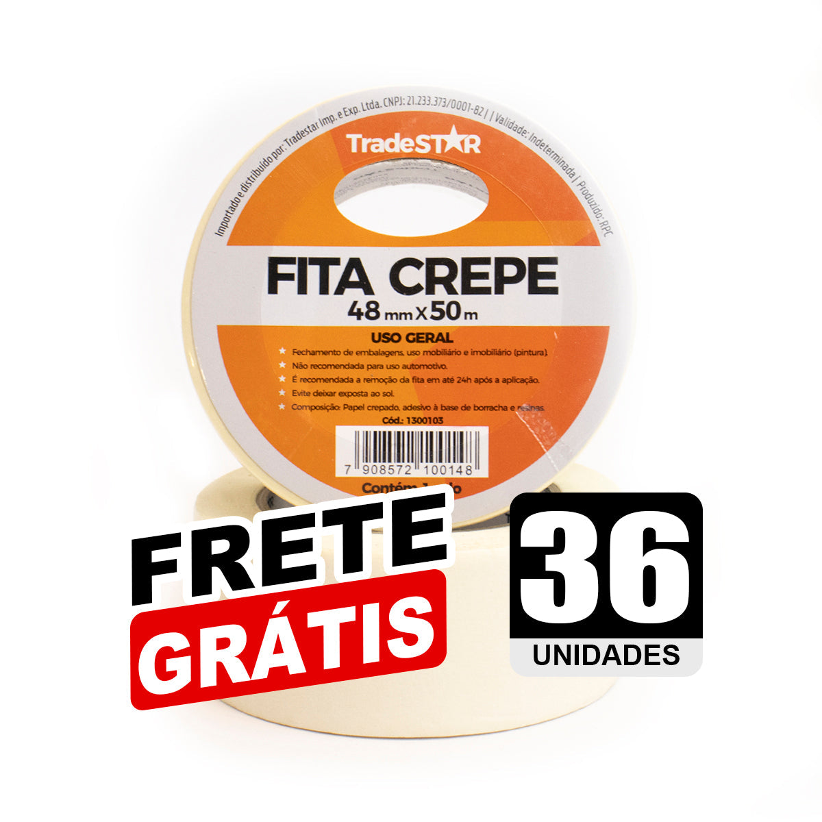 Fita adesiva crepe de papel TradeStar 48mm x 50m, kit com 36 rolos, ideal para uso geral em pinturas, embalagens e fixação temporária. Frete grátis.