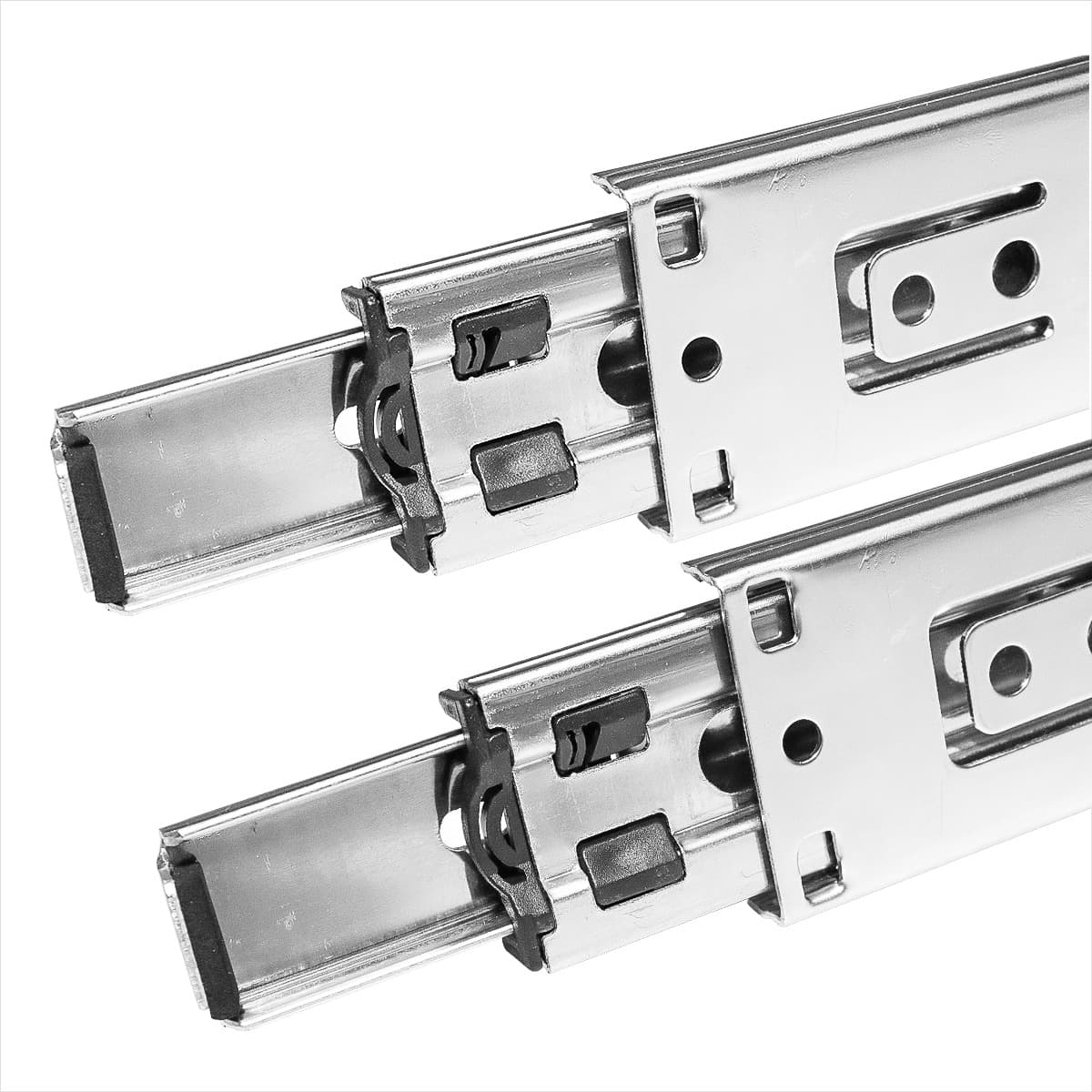 Corrediça reforçada para gaveta 35cm, trilho telescópico resistente em aço zincado, suporta até 30kg por par. Ideal para gavetas de móveis, proporcionando abertura suave e durabilidade.