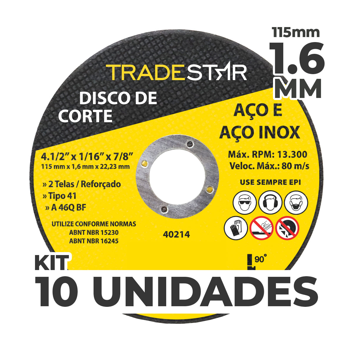 Kit com 10 discos de corte para metal TradeStar 4.1/2" (115x1,6mm) para aço e aço inox, reforçado, ideal para esmerilhadeira. Ferramenta para corte de metais, com alta performance e segurança. Inclui informações sobre RPM, velocidade máxima e uso de EPI.