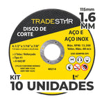 Kit com 10 discos de corte para metal TradeStar 4.1/2" (115x1,6mm) para aço e aço inox, reforçado, ideal para esmerilhadeira. Ferramenta para corte de metais, com alta performance e segurança. Inclui informações sobre RPM, velocidade máxima e uso de EPI.