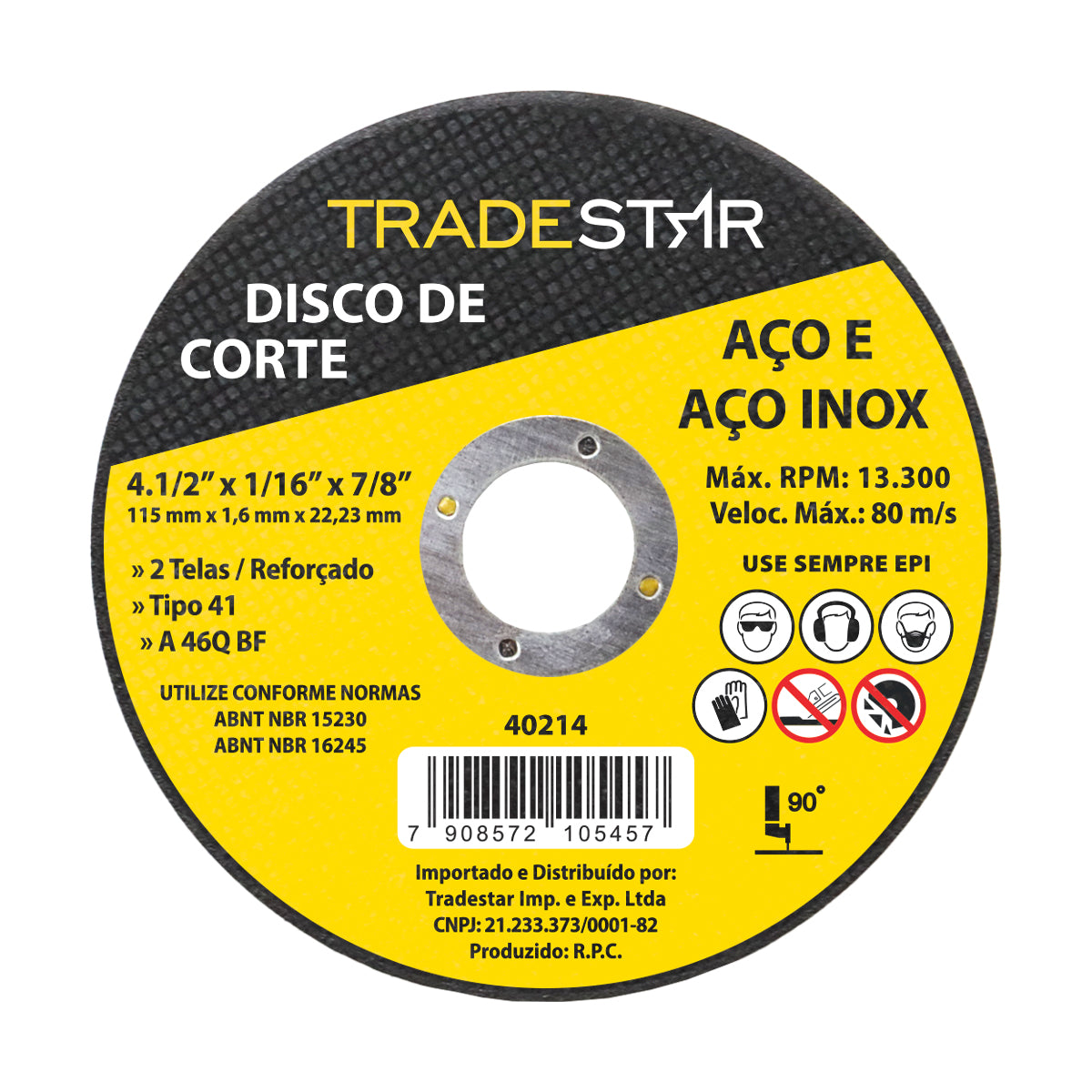Kit com 10 discos de corte para metal 4.1/2" (115x1,6mm) TradeStar, ideal para aço e aço inox. Disco reforçado, tipo 41, para esmerilhadeira. Cortes precisos e eficientes em projetos de construção, indústria e manutenção.