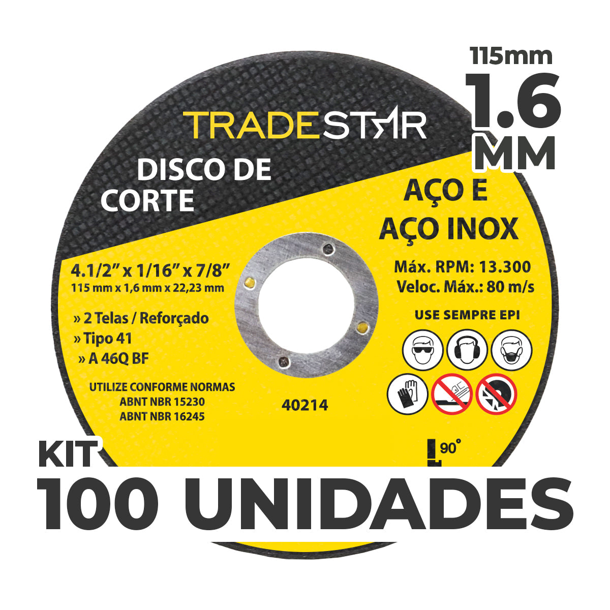 Kit com 100 discos de corte para metal TradeStar 4.1/2" (115x1,6mm) - ideal para aço e aço inox. Disco reforçado, tipo 41, para esmerilhadeira. Ferramenta essencial para corte preciso em construção, indústria e manutenção. Compre agora e garanta cortes eficientes!