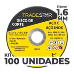 Kit com 100 discos de corte para metal TradeStar 4.1/2" (115x1,6mm) - ideal para aço e aço inox. Disco reforçado, tipo 41, para esmerilhadeira. Ferramenta essencial para corte preciso em construção, indústria e manutenção. Compre agora e garanta cortes eficientes!