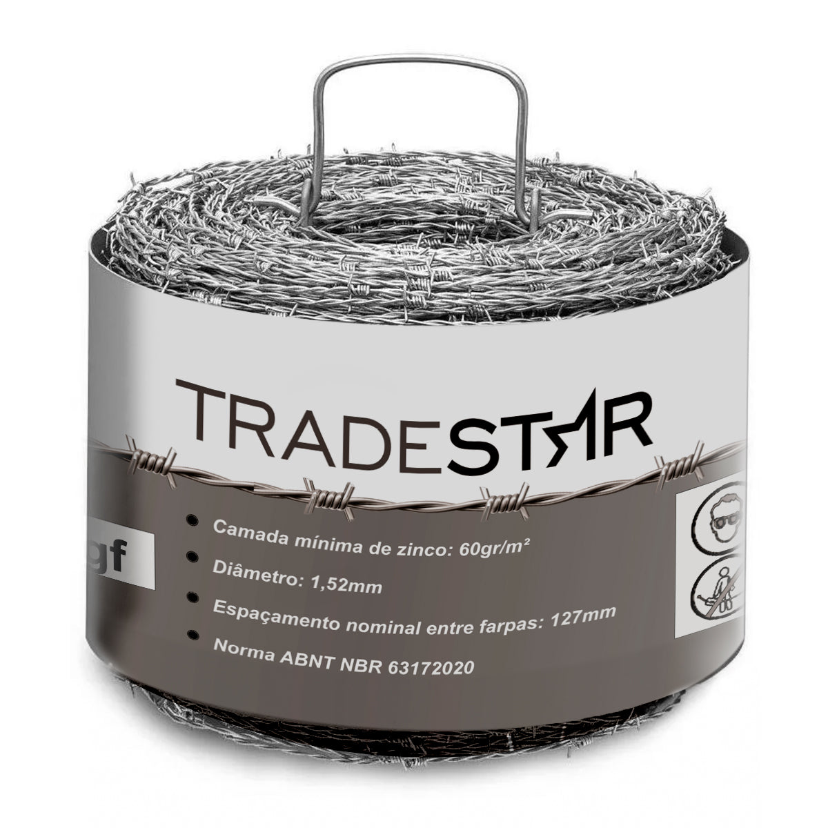 Arame Farpado Tração Tradestar 250kgf 1,52mm 500m em rolo, ideal para segurança de propriedades. Possui camada de zinco de 60gr/m², diâmetro de 1,52mm e espaçamento entre farpas de 127mm. Atende à norma ABNT NBR 63172020.
