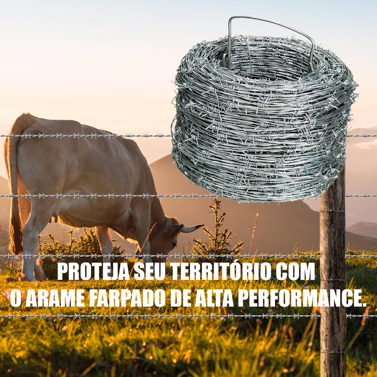 Arame Farpado Tração 250kgf 1,52mm 125mm 500m Tradestar em rolo, ideal para cercas de segurança e proteção de propriedades. Imagem com vaca pastando em campo com cerca de arame farpado ao fundo.