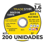 Kit com 200 discos de corte de metal TradeStar 4.1/2" (115x1,6mm) para aço e aço inox, reforçados, ideais para corte em esmerilhadeiras. Ferramenta para construção, indústria e manutenção. Inclui informações sobre RPM, velocidade máxima e normas ABNT.