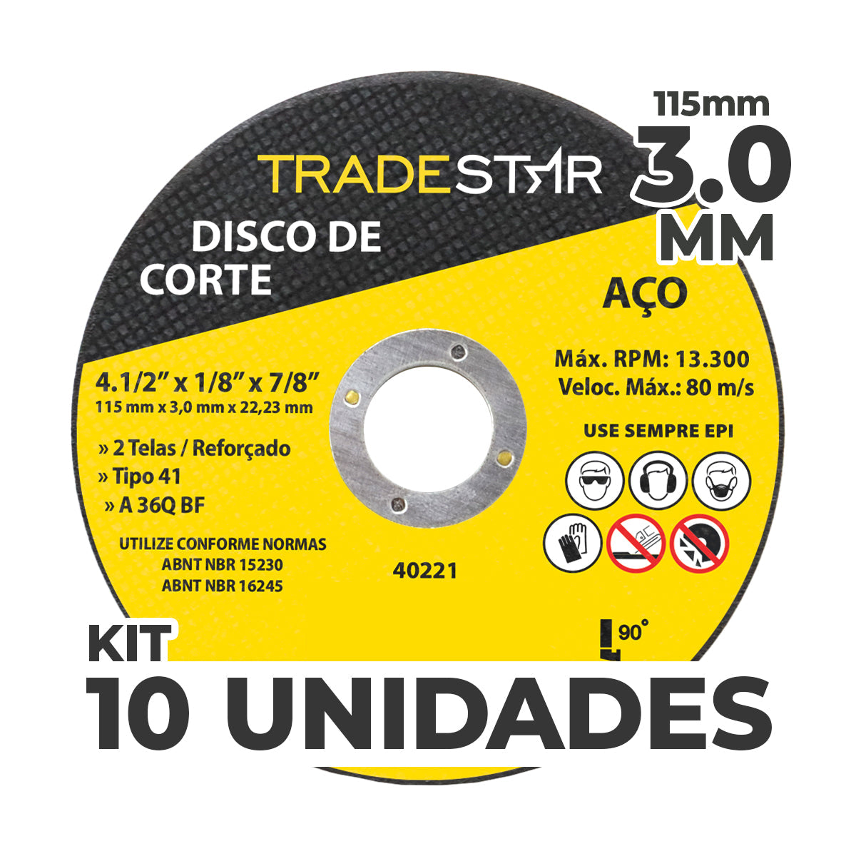 Kit com 10 discos de corte para metal TradeStar 115x3,0mm com furo de 22/23mm, ideal para corte de aço. Disco reforçado, 4.1/2 polegadas, 2 telas, tipo 41, 36Q BF. Ferramenta para esmerilhadeira angular, uso profissional e industrial. Garanta cortes precisos e eficientes em seus projetos de metalurgia e construção.