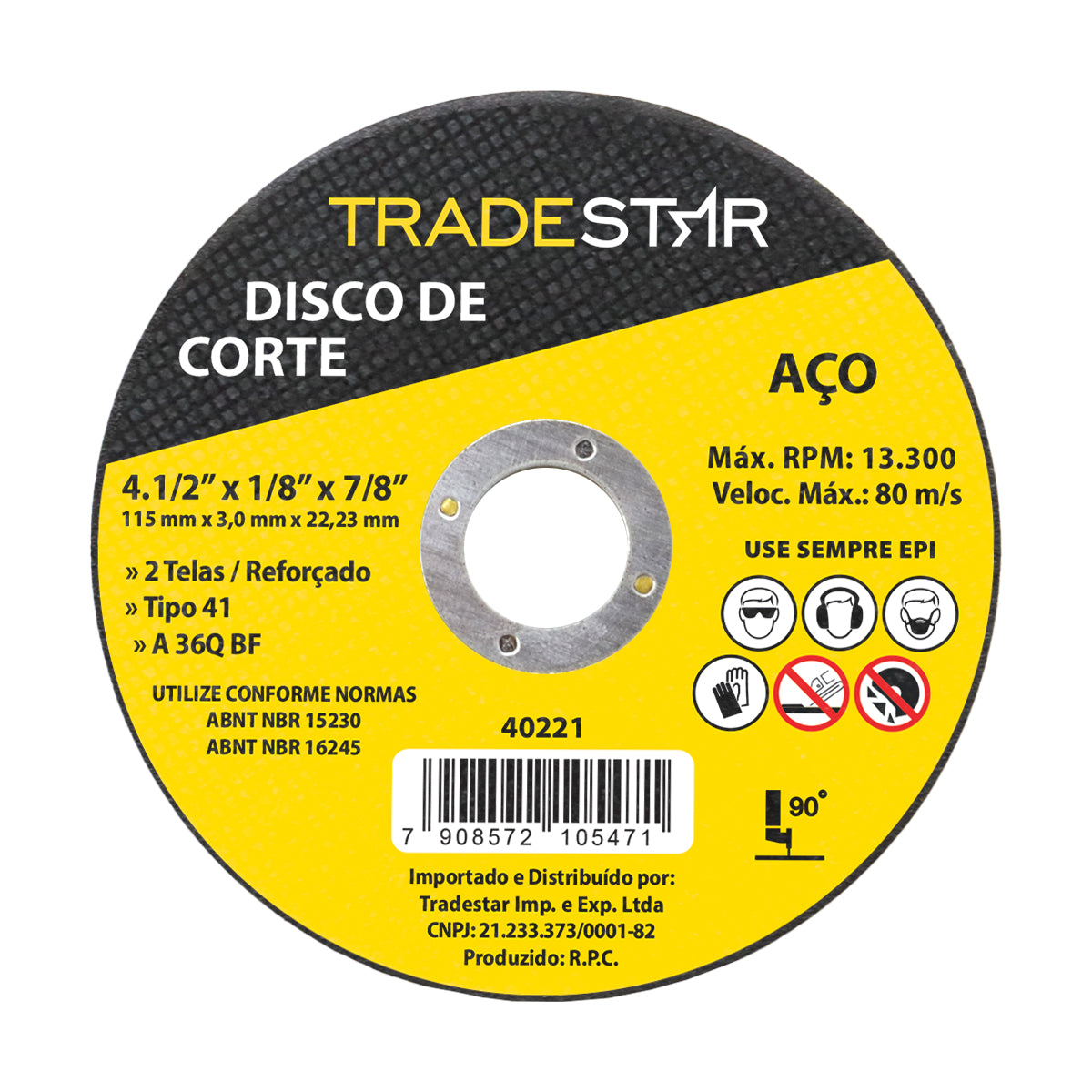 Kit com 10 discos de corte para metal 115x3,0mm com furo de 22/23mm, ideal para corte de aço e outros metais. Disco reforçado, 2 telas, tipo 41, TradeStar. Ferramenta para esmerilhadeira angular, uso em construção, indústria e manutenção. Garante cortes precisos e eficientes. Dimensões: 4.1/2" x 1/8" x 7/8" (115mm x 3,0mm x 22,23mm). RPM máximo: 13.300. Velocidade máxima: 80 m/s. Importado e distribuído por Tradestar.