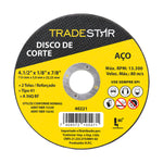 Kit com 10 discos de corte para metal 115x3,0mm com furo de 22/23mm, ideal para corte de aço e outros metais. Disco reforçado, 2 telas, tipo 41, TradeStar. Ferramenta para esmerilhadeira angular, uso em construção, indústria e manutenção. Garante cortes precisos e eficientes. Dimensões: 4.1/2" x 1/8" x 7/8" (115mm x 3,0mm x 22,23mm). RPM máximo: 13.300. Velocidade máxima: 80 m/s. Importado e distribuído por Tradestar.