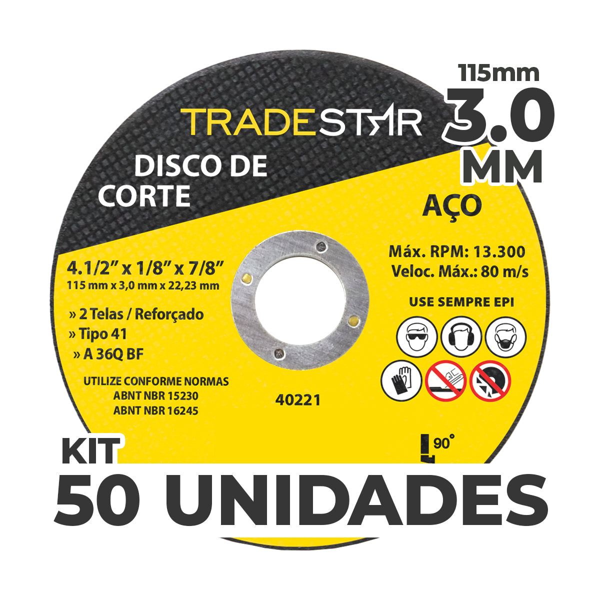 Kit com 50 discos de corte para metal TradeStar 115x3,0mm com furo de 22/23mm, ideal para cortes precisos em aço. Disco reforçado, 2 telas, tipo 41, 4.1/2 polegadas. Ferramenta essencial para construção, indústria e manutenção. Produto original, com garantia e envio imediato.