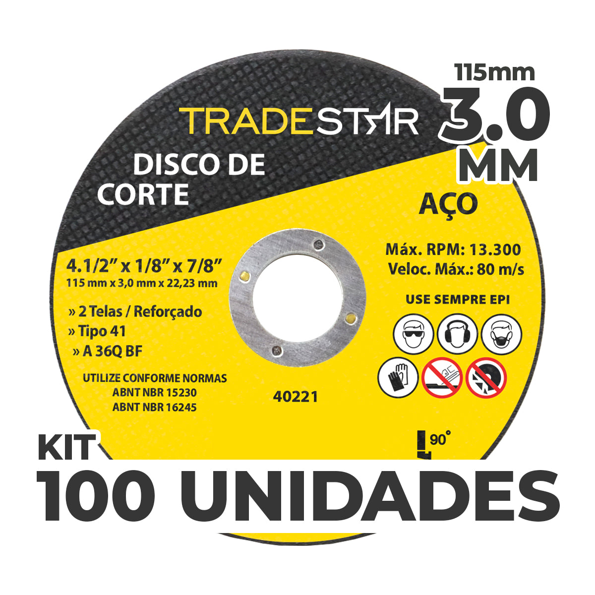 Kit com 100 discos de corte para metal TradeStar 115x3,0mm com furo de 22/23mm, ideal para aço. Disco de corte reforçado, 4.1/2 polegadas, 2 telas, tipo 41. Ferramenta para corte preciso em construção, indústria e manutenção. Garanta cortes eficientes e seguros com este kit de discos de alta performance.