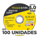 Kit com 100 discos de corte para metal TradeStar 115x3,0mm com furo de 22/23mm, ideal para aço. Disco de corte reforçado, 4.1/2 polegadas, 2 telas, tipo 41. Ferramenta para corte preciso em construção, indústria e manutenção. Garanta cortes eficientes e seguros com este kit de discos de alta performance.