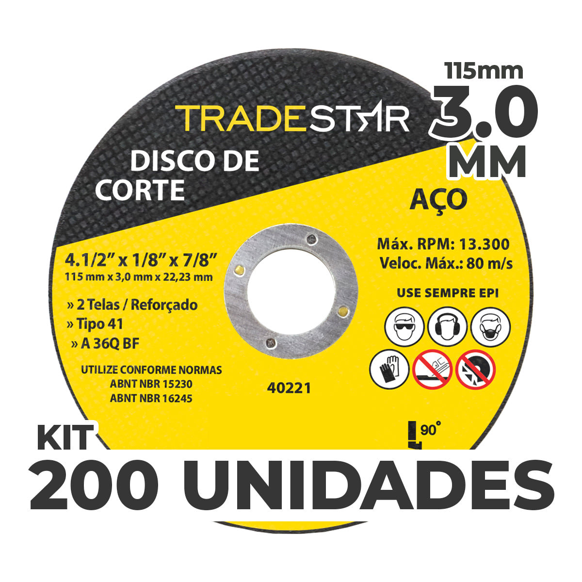 Kit com 200 discos de corte para metal 115x3,0 mm com furo de 22/23 mm, Trade Star, ideal para aço. Disco de corte reforçado, 4.1/2" x 1/8" x 7/8", 115 mm x 3,0 mm x 22,23 mm. Ferramenta para esmerilhadeira, corte preciso e eficiente em metais. ABNT NBR 15230 e 16245.