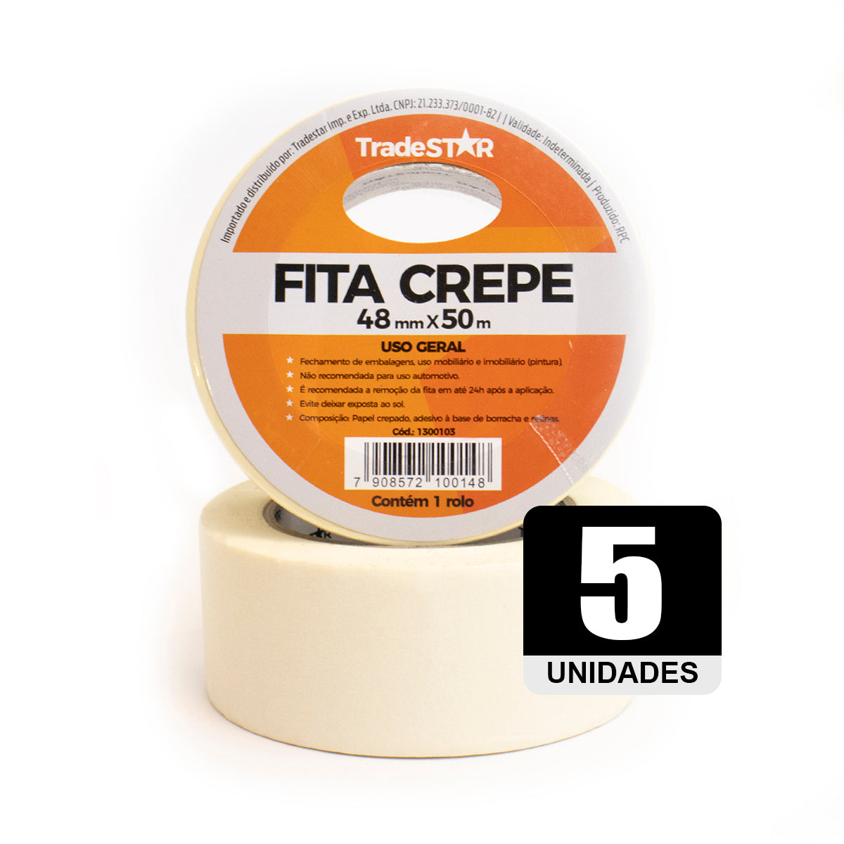 Kit com 5 rolos de fita adesiva crepe de papel TradeStar 48mm x 50m, ideal para pintura, vedação, embalagens e uso geral. Fita de alta resistência, fácil de remover e aplicar em diversas superfícies. Compre agora e garanta seus projetos com qualidade profissional.