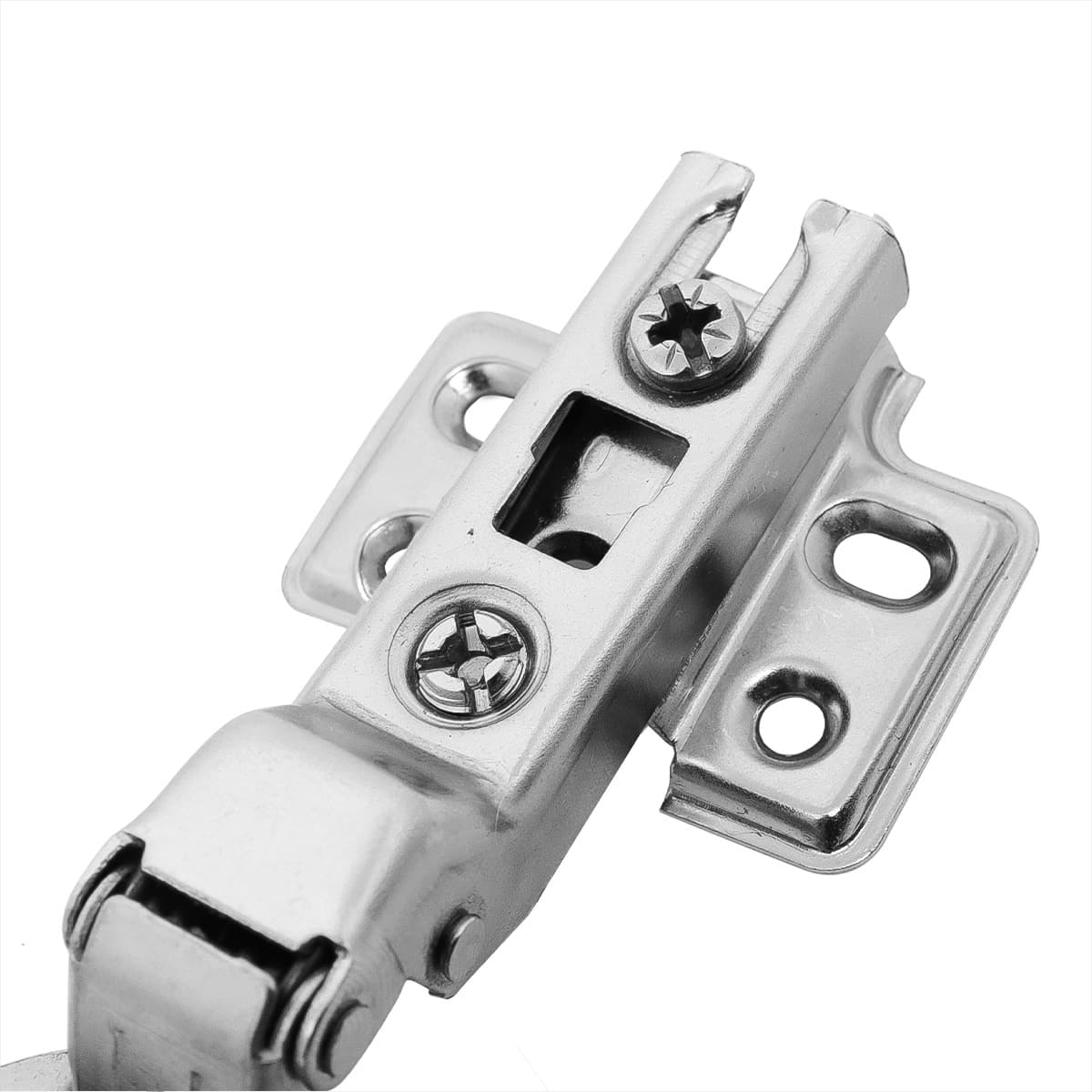Dobradiça Caneco Duplo 35mm Curva para Armário e Móveis Tradestar - Dobradiça de aço niquelado com calço duplo, abertura de 110 graus, ideal para portas de móveis com espessura de 14 a 23mm. Detalhe da dobradiça em close-up, mostrando parafusos e design curvo.