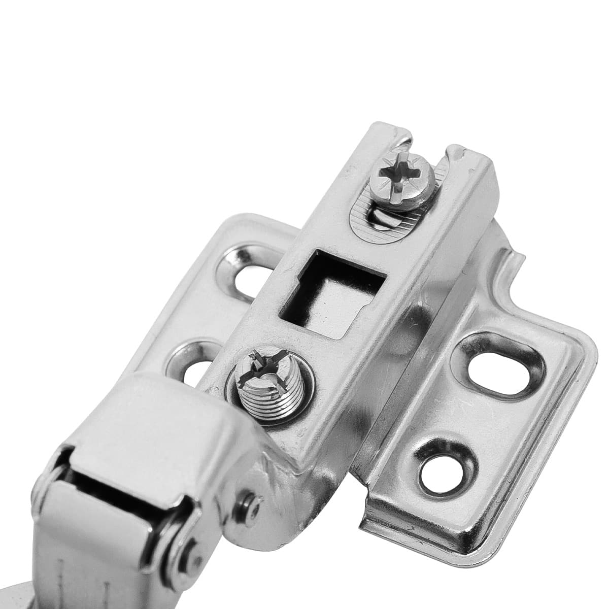 Dobradiça Caneco Calço Duplo 35mm Alta Tradestar para móveis, vista detalhada da dobradiça em aço niquelado, com parafusos e detalhes de fixação. Ideal para portas de armários e móveis em geral, proporcionando abertura de 110° e ajuste de altura.
