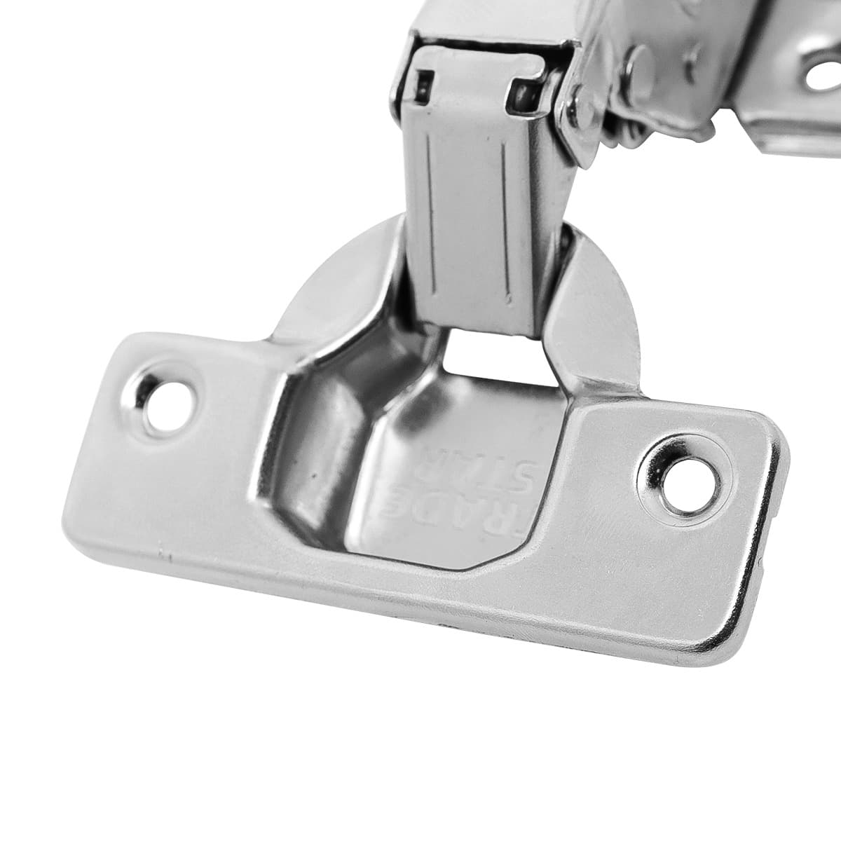 Dobradiça Caneco 35mm Alta Com Amortecedor Soft Close Tradestar em aço niquelado, ideal para portas de armários com fechamento suave e abertura de 105 graus. Compatível com espessuras de 14mm a 21mm.
