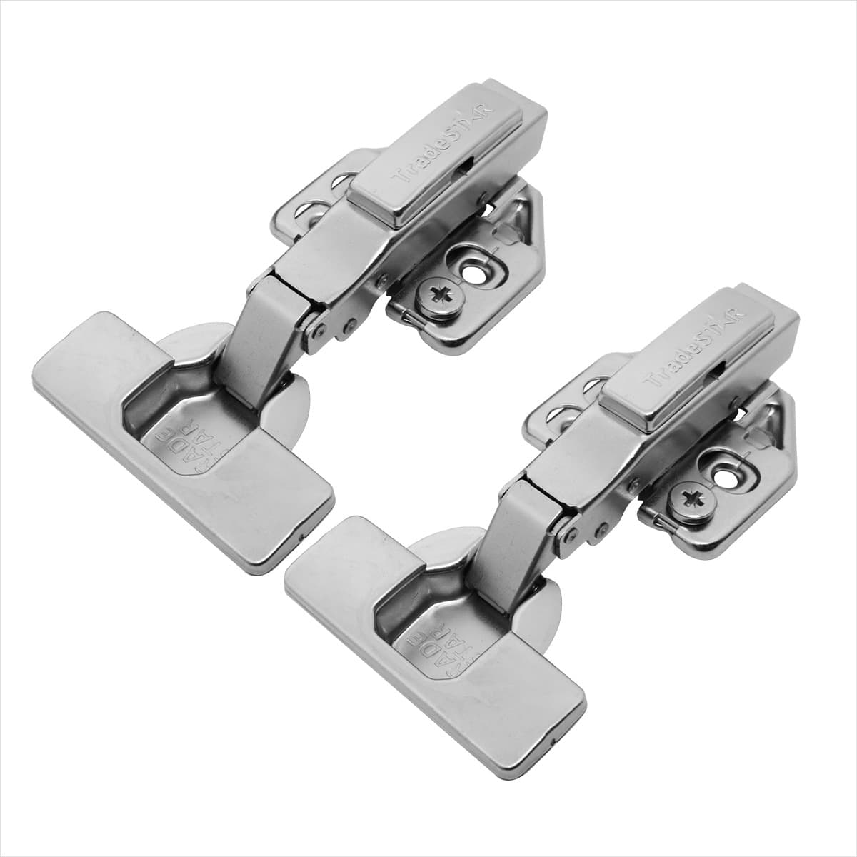 Dobradiça Click 3D 105° Soft Close Reta com Capas e Parafusos, ideal para móveis. Fabricada em aço niquelado, com amortecedor para fechamento suave, abertura de 105° e regulagem 3D. Inclui capa de braço, capa de caneco e parafusos. Compatível com espessuras de 14mm a 21mm. Embalagem com pares (conjuntos).