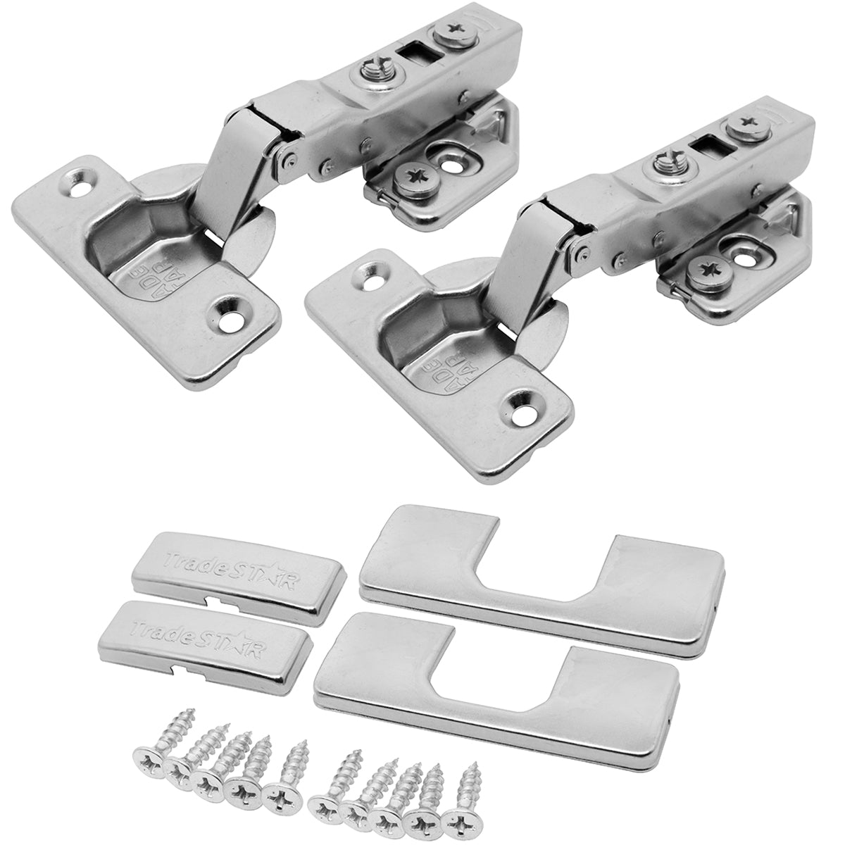 Dobradiça para armário 3D com fechamento suave e curva, 35mm, incluindo capas e parafusos. Ideal para portas de armários, proporcionando fechamento silencioso e ajuste 3D. Aço niquelado, abertura de 105 graus. Conjunto de dobradiças Tradestar para móveis.
