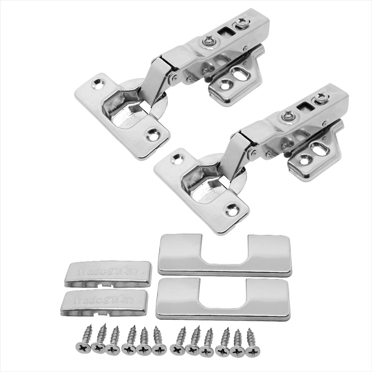 Dobradiça com amortecedor para armário curva 35mm com capas, conjunto de pares em aço inox, ideal para portas de móveis com fechamento suave e silencioso. Inclui parafusos para instalação fácil.