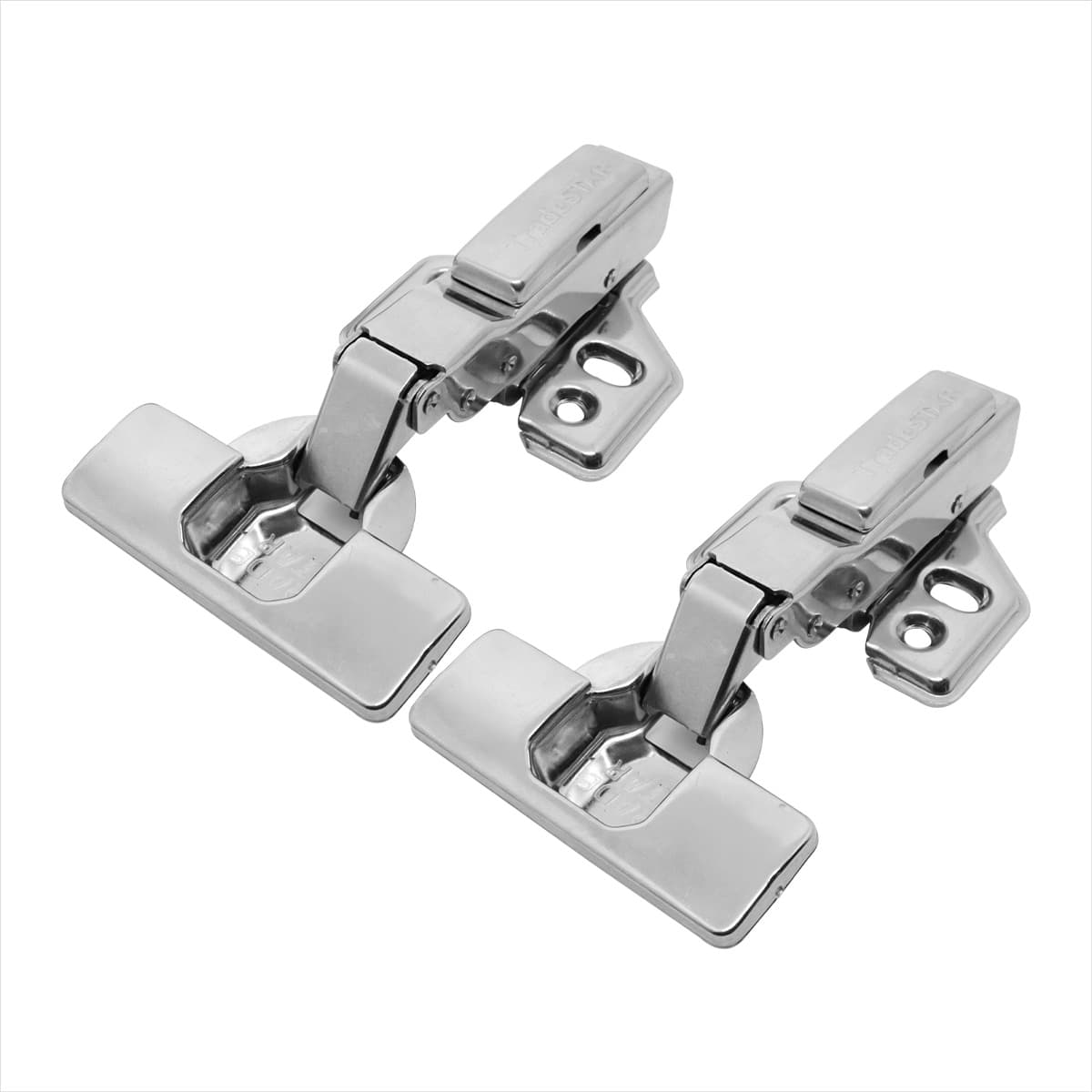Dobradiça com Amortecedor para Armário Curva 35mm com Capas - Par de dobradiças de aço inox com sistema soft close, ideal para portas de móveis, proporcionando fechamento suave e silencioso. Inclui capas e parafusos para fácil instalação.