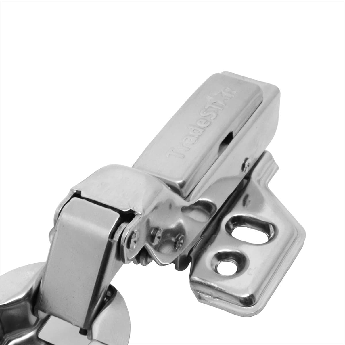 Dobradiça com Amortecedor para Armário Alta 35mm com Capas - Tradestar - Fechamento suave e silencioso, ideal para portas de armários. Aço niquelado, abertura de 105 graus, fácil instalação.