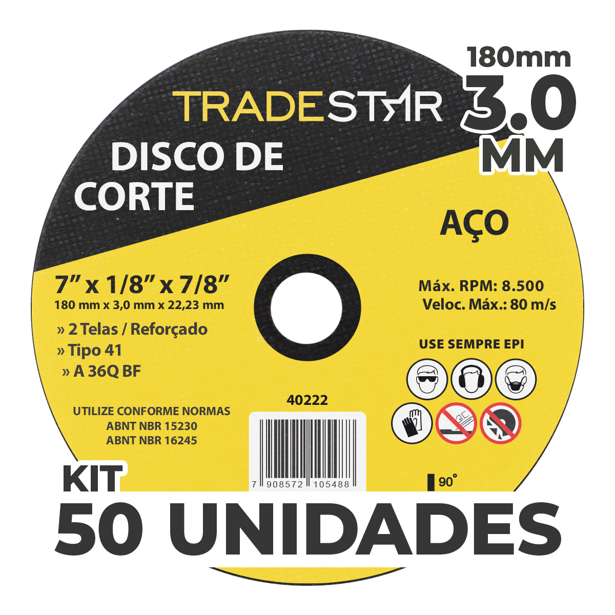 Kit com 50 discos de corte para metal Tradestar 7" (180x3,0mm) com furo de 22/23mm, ideal para aço. Ferramenta reforçada para esmerilhadeira, corte preciso e eficiente em projetos industriais e construção civil. Produto original, com garantia e envio imediato.