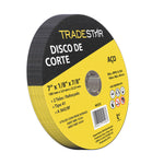 Kit com 50 discos de corte para metal 7 polegadas Tradestar, 180x3,0 mm, furo 22/23 mm, reforçado, ideal para aço. Ferramenta para esmerilhadeira angular, corte preciso e eficiente em projetos industriais e construção civil. Imagem do disco de corte com informações técnicas e selos de segurança.
