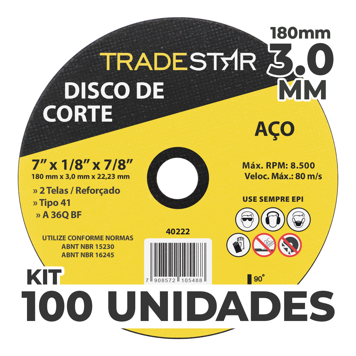 Kit com 100 Discos de Corte para Metal 7" (180x3,0mm) com furo de 22/23mm - Ideal para corte preciso de aço e outros metais. Ferramenta para esmerilhadeira angular, indicada para uso em construção, indústria e manutenção. Disco de corte reforçado, alta performance e durabilidade.