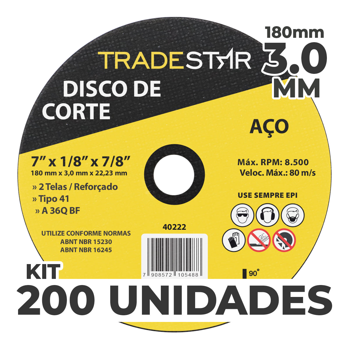 Kit com 200 discos de corte para metal Tradestar 7" (180x3,0 mm) com furo de 22/23 mm, ideal para aço. Disco reforçado, 2 telas, tipo 41, A 36Q BF. Ferramenta para corte preciso em projetos industriais e construção civil. Máximo 8.500 RPM. Use EPI. 200 unidades.