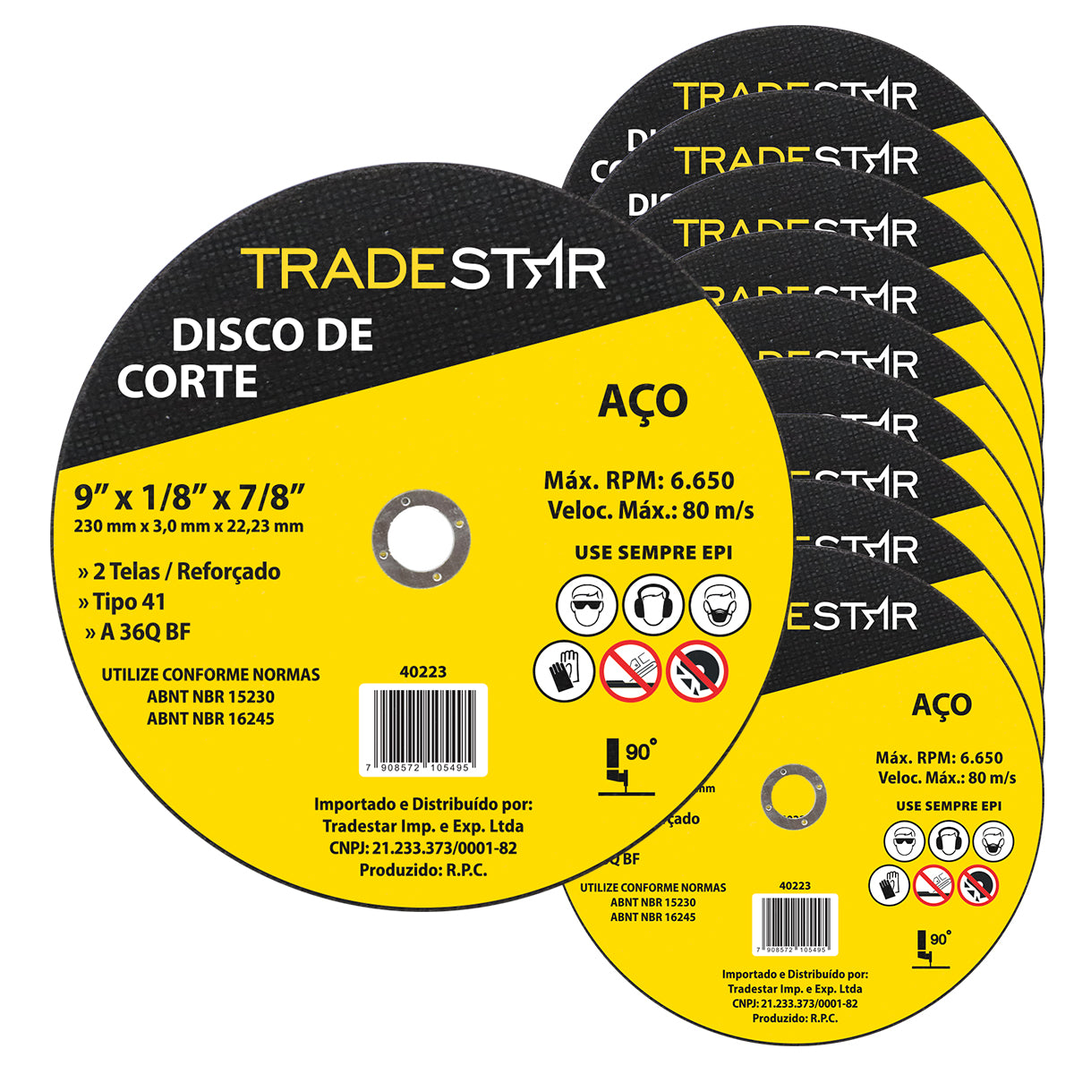 Kit com 10 discos de corte para metal 9" (230x3,0 mm) com furo de 22/23 mm, ideal para cortes precisos em aço e outros metais. Discos reforçados, alta performance e segurança. Ferramenta Tradestar para esmerilhadeira angular. Acompanha nota fiscal e garantia.