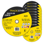 Kit com 10 discos de corte para metal 9" (230x3,0 mm) com furo de 22/23 mm, ideal para cortes precisos em aço e outros metais. Discos reforçados, alta performance e segurança. Ferramenta Tradestar para esmerilhadeira angular. Acompanha nota fiscal e garantia.