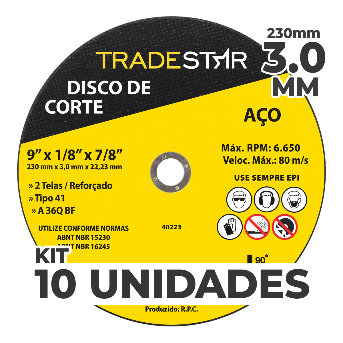 Kit com 10 discos de corte para metal Tradestar 9" (230x3,0mm) com furo de 22/23mm, ideal para corte de aço. Disco reforçado, alta performance e segurança. Ferramenta essencial para serralherias, construção e indústria.