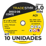 Kit com 10 discos de corte para metal Tradestar 9" (230x3,0mm) com furo de 22/23mm, ideal para corte de aço. Disco reforçado, alta performance e segurança. Ferramenta essencial para serralherias, construção e indústria.