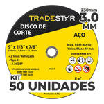 Kit com 50 discos de corte para metal Tradestar 9" (230x3,0mm) com furo de 22/23mm, ideal para aço. Ferramenta de corte reforçada, indicada para esmerilhadeiras angulares. Inclui informações sobre RPM máximo, velocidade e uso de EPI.