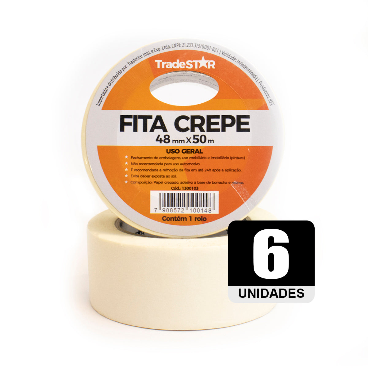 Fita adesiva crepe de papel TradeStar, kit com 6 rolos de 48mm x 50m, ideal para uso geral em pinturas, embalagens e fixação temporária. Fita de alta resistência, fácil de remover e que se adapta a superfícies irregulares.