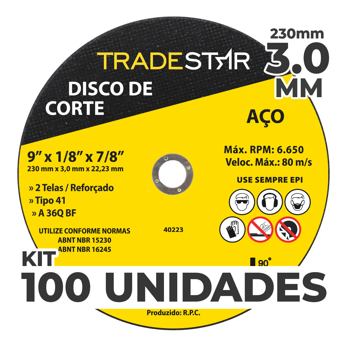 Kit com 100 discos de corte para metal Tradestar 9" (230x3,0mm) com furo de 22/23mm, ideal para corte de aço. Disco reforçado, 2 telas, alta performance e segurança. Ferramenta para esmerilhadeira angular. Acompanha informações técnicas e recomendações de uso.