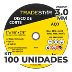 Kit com 100 discos de corte para metal Tradestar 9" (230x3,0mm) com furo de 22/23mm, ideal para corte de aço. Disco reforçado, 2 telas, alta performance e segurança. Ferramenta para esmerilhadeira angular. Acompanha informações técnicas e recomendações de uso.