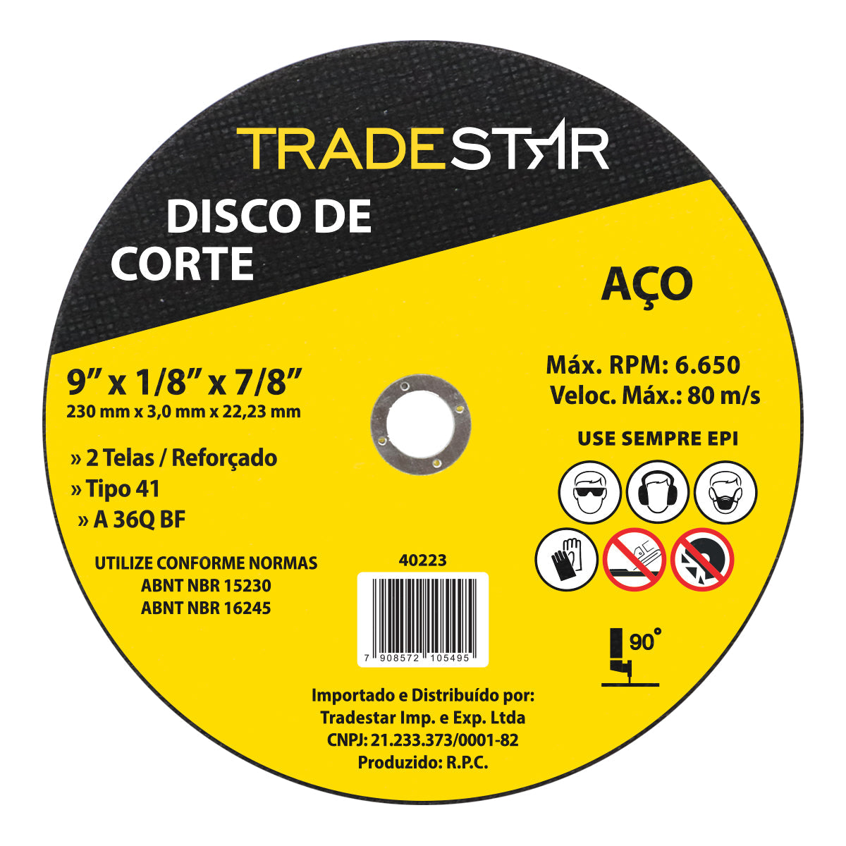 Kit com 100 discos de corte para metal 9" (230x3,0mm) com furo de 22/23mm, ideal para aço. Disco de corte Tradestar, reforçado, tipo 41, para esmerilhadeira angular. Ferramenta para corte rápido e preciso em metais. Inclui informações sobre RPM, velocidade máxima e normas ABNT.