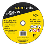 Kit com 100 discos de corte para metal 9" (230x3,0mm) com furo de 22/23mm, ideal para aço. Disco de corte Tradestar, reforçado, tipo 41, para esmerilhadeira angular. Ferramenta para corte rápido e preciso em metais. Inclui informações sobre RPM, velocidade máxima e normas ABNT.