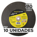 Kit com 10 discos de corte para metal 12" (300x3,0 mm) com furo de 19,05 mm, ideal para corte de aço. Disco reforçado, alta performance em projetos industriais e construção civil. Marca Tradestar.