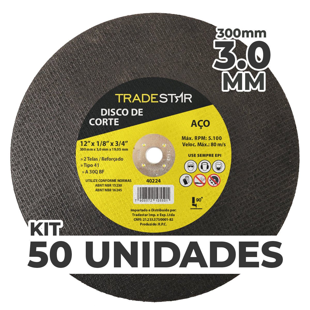 Kit com 50 discos de corte para metal 12" (300x3,0 mm) com furo de 19,05 mm, ideal para aço. Disco de corte reforçado, tipo 41, para esmerilhadeira angular. Ferramenta para cortes precisos em projetos industriais e construção civil. Tradestar.