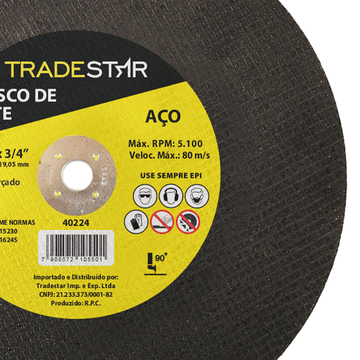 Kit com 50 discos de corte de metal Tradestar 12" (300x3,0 mm) com furo de 19,05 mm para aço. Ferramenta de alta performance para cortes precisos em metais, ideal para uso em esmerilhadeiras angulares. Produto reforçado, com 2 telas e pronto para uso em projetos industriais e manutenção. Inclui informações sobre RPM máximo, velocidade máxima e uso de EPI.