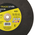 Kit com 50 discos de corte de metal Tradestar 12" (300x3,0 mm) com furo de 19,05 mm para aço. Ferramenta de alta performance para cortes precisos em metais, ideal para uso em esmerilhadeiras angulares. Produto reforçado, com 2 telas e pronto para uso em projetos industriais e manutenção. Inclui informações sobre RPM máximo, velocidade máxima e uso de EPI.