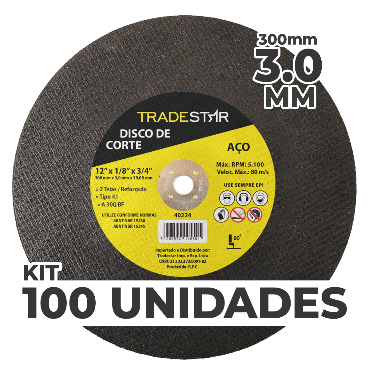 Kit com 100 discos de corte de metal 12" (300x3,0 mm) com furo de 19,05 mm, ideal para corte de aço. Ferramenta reforçada e de alta performance para uso em esmerilhadeiras angulares. Produto original, novo e com garantia.